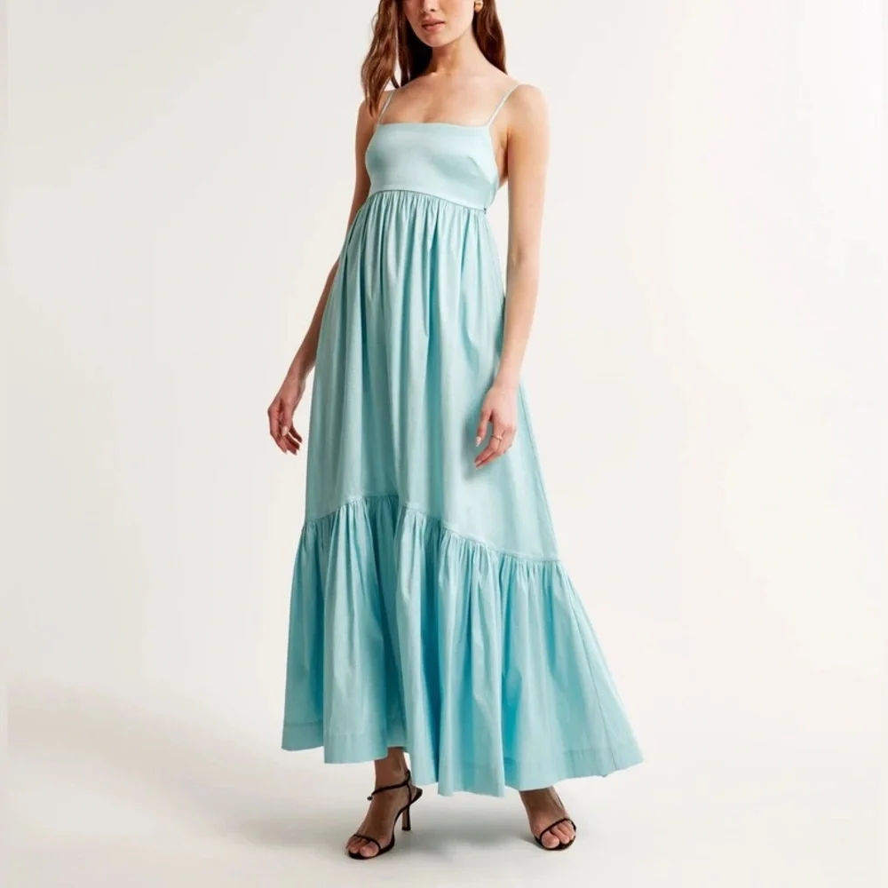 A&F Drama Bow-Back Taffeta Maxi Dress Light Blue Summer Wedding Modern Romantic